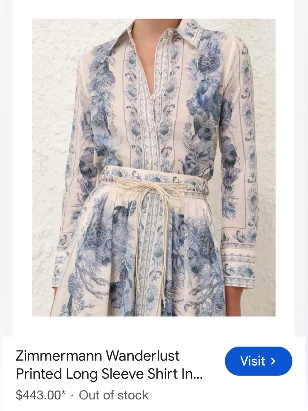 Zimmermann Blue and Cream Floral Long Sleeve Shirt Dress